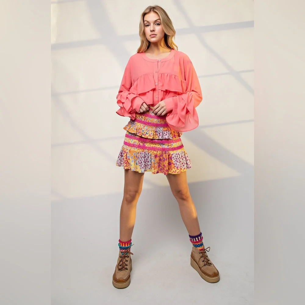 Easel | Zinnia Patchwork Tiered Mini Skirt Colorful Floral Whimsy Boho New Small